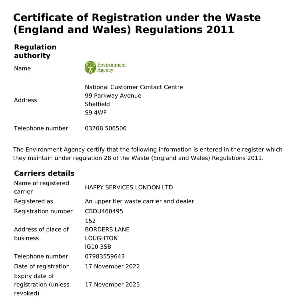 certificate for waste regulation Happy Services London 2